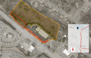 Four companies own the parcel outlined in yellow at 11700 Cantrell Road in Little Rock. The Arkansas State Highway Commission is establishing eminent domain on the portion of the land outlined in red. (Parcel lines approximate.)