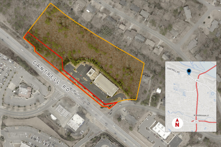 Four companies own the parcel outlined in yellow at 11700 Cantrell Road in Little Rock. The Arkansas State Highway Commission is establishing eminent domain on the portion of the land outlined in red. (Parcel lines approximate.)