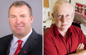 Bret Bielema, former Arkansas Razorbacks head football coach, and Wally Hall, sports columnist at the Arkansas Democrat-Gazette.