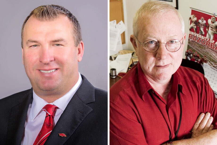 Bret Bielema, former Arkansas Razorbacks head football coach, and Wally Hall, sports columnist at the Arkansas Democrat-Gazette.