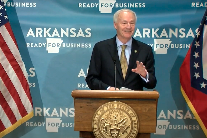 Gov. Asa Hutchinson speaks Wednesday during his COVID-19 briefing about the state moving to the second phase of reopening businesses.