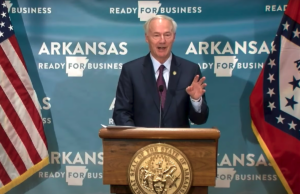 Gov. Asa Hutchinson speaks Thursday during his daily briefing on the state's coronavirus response.&nbsp;