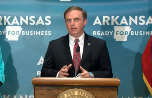 Arkansas Speaker of the House Matthew Shepherd, R-El Dorado, speaks Monday during the governor&rsquo;s daily coronavirus briefing.