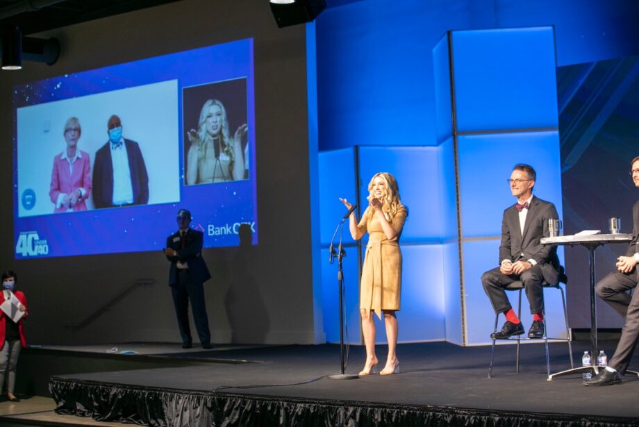40 Under 40 honoree Alisha Curtis takes the stage, greeted by supporters via live video.