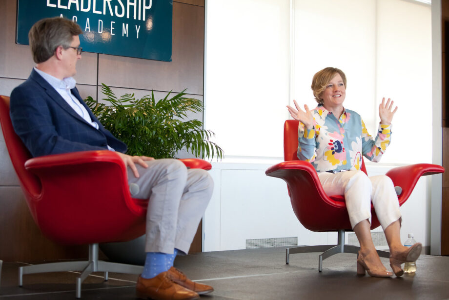 Arkansas Business Associate Publisher Chris Bahn interviews Arkansas Children's CEO Marcy Doderer at the Arkansas Business Executive Leadership Academy.
