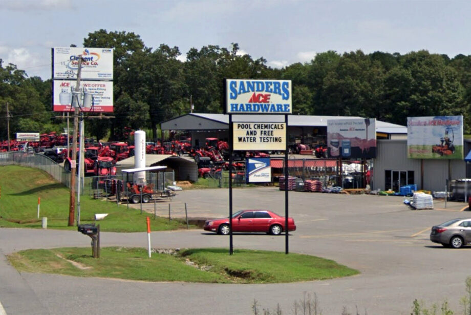 Sanders Ace Hardware, foreground, and Central Arkansas Mahindra in the background, both on Arch Street Pike in the Saline County community of East End.