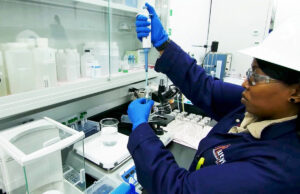 A Standard Lithium analytical chemist performs real-time tests on samples at the dedicated lab attached to the demonstration lithium extraction plant in El Dorado.