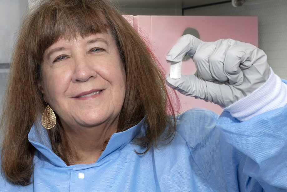 NuShores CEO Sharon Ballard holds a piece of the bone regeneration technology her company will manufacture and sell.