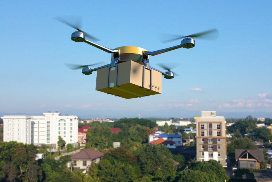 A photo illustration of a package delivered via drone.