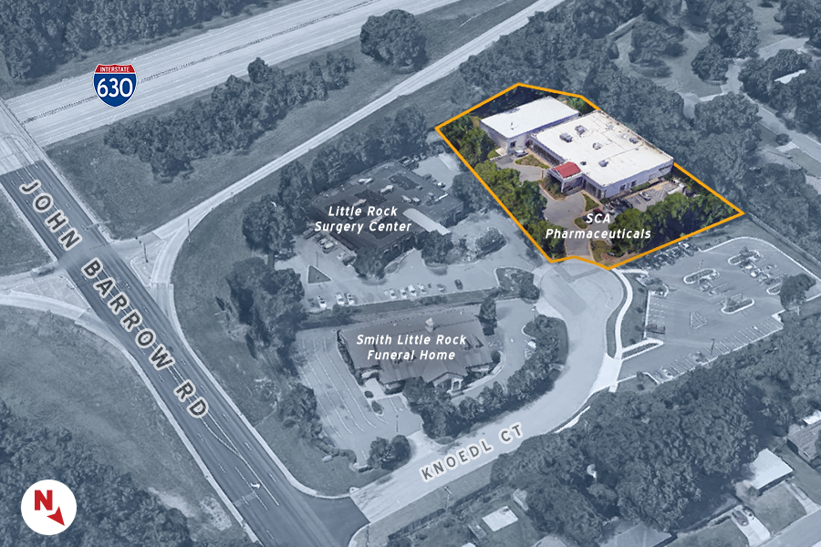 The property highlighted above at 8821 Knoedl Court in Little Rock is home to SCA Pharmaceuticals. (Parcel lines are approximate and shown for illustration only.)