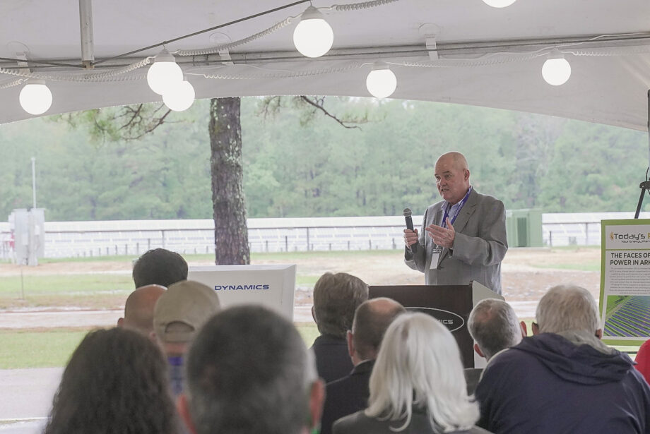 Ouachita Electric General Manager Mark Cayce speaks at the commissioning of&nbsp;General Dynamics Ordnance & Tactical Systems'&nbsp;new solar generation plant in East Camden.