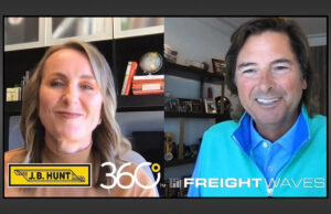 Shelley Simpson, chief commercial officer of J.B. Hunt Transport Services in Lowell, talks with CEO John Roberts during the FreightWaves virtual conference.