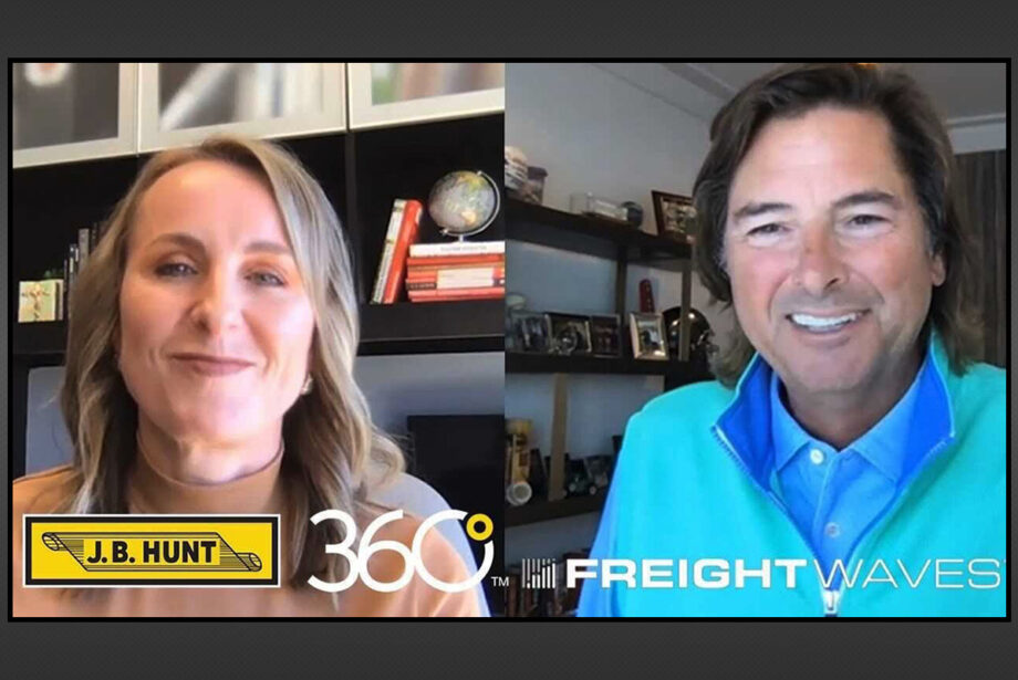 Shelley Simpson, chief commercial officer of J.B. Hunt Transport Services in Lowell, talks with CEO John Roberts during the FreightWaves virtual conference.