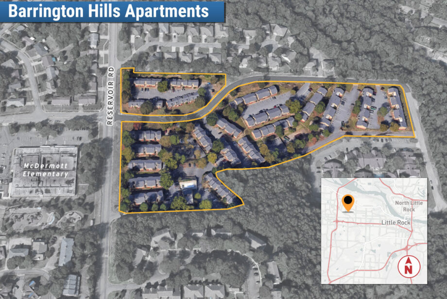 Barrington Hills Apartments sits on about 12 acres of land at 1221 Reservoir Road in Little Rock. (Parcel lines are approximate and shown for illustration purposes only.)