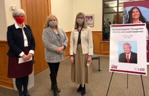 Jane Wayland (from left), dean of the College of Business, Health, and Human Services; Leslye Shellam, daughter of L. Dickson Flake; and Elizabeth Small, real estate instructor, attend a reception at the Bailey Alumni Center to celebrate the establishment of the L. Dickson Flake Endowed Scholarship at UA Little Rock.