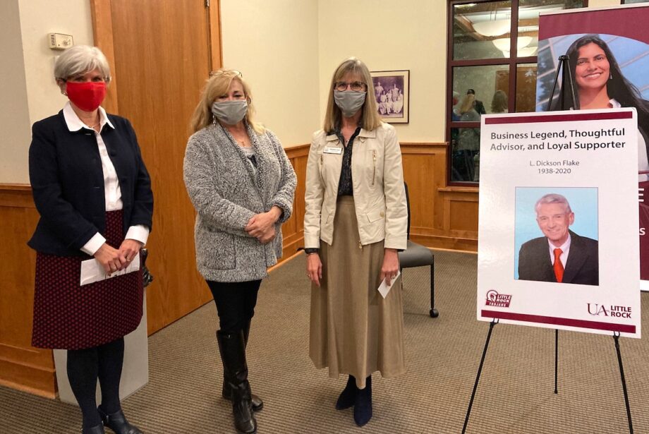 Jane Wayland (from left), dean of the College of Business, Health, and Human Services; Leslye Shellam, daughter of L. Dickson Flake; and Elizabeth Small, real estate instructor, attend a reception at the Bailey Alumni Center to celebrate the establishment of the L. Dickson Flake Endowed Scholarship at UA Little Rock.