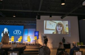 Appearing remotely, Jennifer Styron,&nbsp;CFO and executive vice president of CARTI&nbsp;of Little Rock, accepts the Nonprofit CFO of the Year Award.