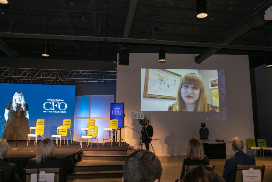 Appearing remotely, Jennifer Styron,&nbsp;CFO and executive vice president of CARTI&nbsp;of Little Rock, accepts the Nonprofit CFO of the Year Award.