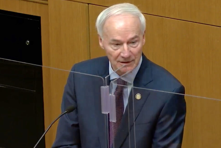 Gov. Asa Hutchinson delivers his "State of the State" address in the state House of Representatives on Tuesday.