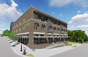 An architectural rendering of the mixed-use Network building at South School Avenue and West South Street in Fayetteville.