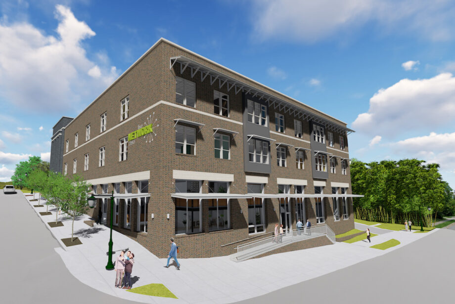 An architectural rendering of the mixed-use Network building at South School Avenue and West South Street in Fayetteville.
