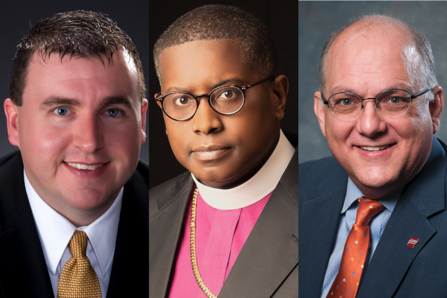 From left: Paul Rowton, Bishop Robert Rudolph Jr. and Steve Eddington of Benton