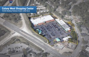 Built in 1972 with a bank branch added ten years later, the 8-acre Colony West Shopping Center is anchored by a 46,329-SF Kroger on its northwestern edge. (Parcel lines are approximate and shown for illustration only.)