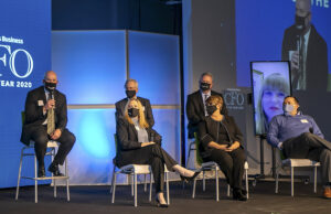 Bank OZK CFO Greg McKinney (far left) shares advice on how to assembly a quality executive team. McKinney spoke during a roundtable discussion for business leaders at the Arkansas Business CFO of the Year Awards in December.