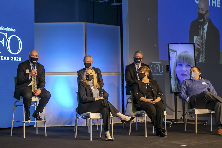 Bank OZK CFO Greg McKinney (far left) shares advice on how to assembly a quality executive team. McKinney spoke during a roundtable discussion for business leaders at the Arkansas Business CFO of the Year Awards in December.