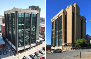 The former E.J. Ball Building at 112 W. Center St. in Fayetteville, (left) seen in 2021 facing southeast and (right) before its renovation looking northeast.