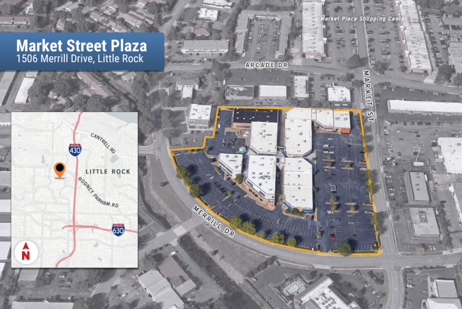 Built in 1987, Market Street Plaza sits on 7.34 acres in west Little Rock. (Parcel lines are approximate and shown for illustration only.)