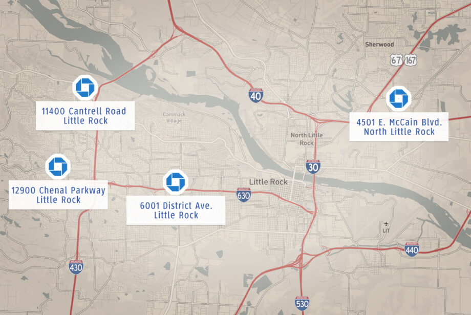 The Little Rock metro gets in on the Chase with the Ohio bank rolling out its first branch locations in Arkansas.