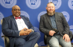 Steven Porch (left), executive broadband manager for the Arkansas Rural Connect program, and Steve Boyster, deputy director of the Arkansas Department of Commerce Broadband Office.
