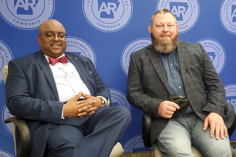 Steven Porch (left), executive broadband manager for the Arkansas Rural Connect program, and Steve Boyster, deputy director of the Arkansas Department of Commerce Broadband Office.