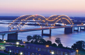 A view of the Hernando de Soto Bridge carrying I-40 from Arkansas into Tennessee, as seen from the Bass Pro Lookout atop the Memphis Pyramid.