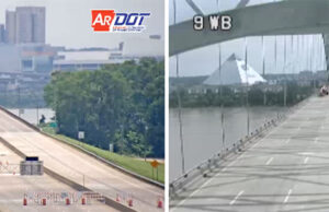 Construction crews can be seen on the Hernando de Soto Bridge between Memphis and West Memphis in the above photograph stills taken from cameras operated by the Arkansas Department of Transportation on the left and from the Tennessee Department of Transportation on the right.