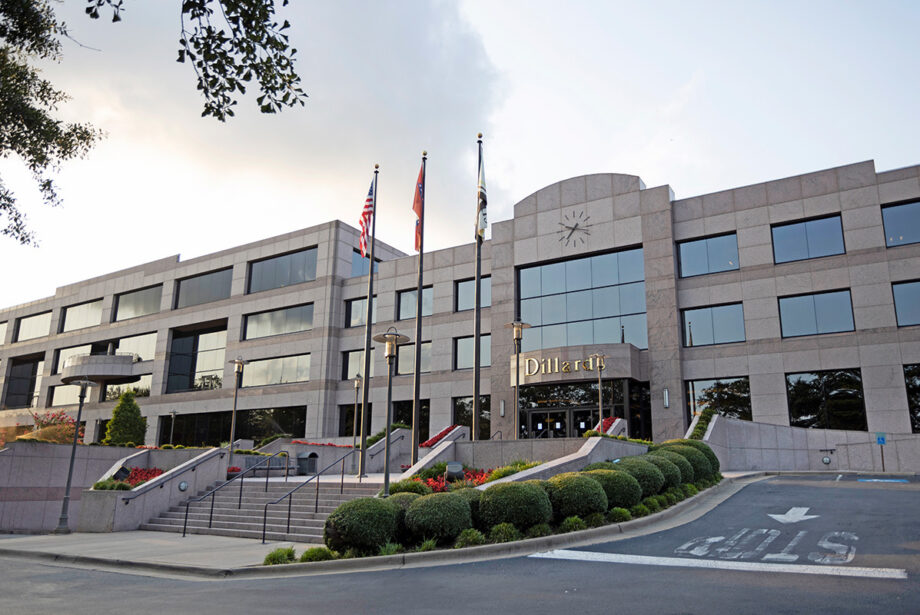 The Dillard’s headquarters in Little Rock, backing up to the Arkansas River. The company’s shares have hit historic highs despite worries about a COVID variant’s disruptive potential and the fact that mall vacancies hit an all-time high in the first quarter, 11.4%.
