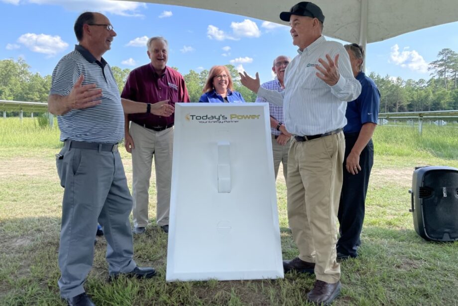 Hampton Schools Superintendent Doug Worley, left, and Ouachita Electric CEO and General Manager Mark Cayce, gesture after flipping a large display switch Wednesday to signify that the school district's new solar array is operable.