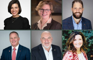 Clockwise from top left: Sam&rsquo;s Club Chief Merchant Megan Crozier, Winthrop Rockefeller Institute CEO Marta Loyd, incoming Nabholz CEO Jake Nabholz,&nbsp;Seal Solar Co-Founder and President Heather Nelson, outgoing Nabholz CEO Greg Williams and University of Arkansas Vice Chancellor of Athletics Hunter Yurachek.