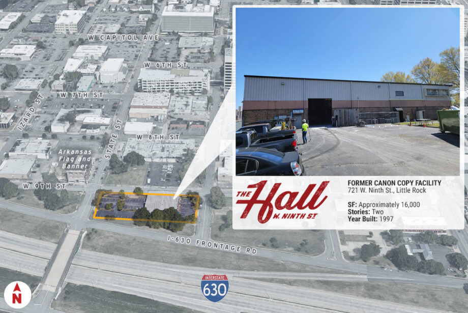 CJS Enterprises Inc. is handling construction of The Hall at 721 W. Ninth St. in downtown Little Rock. Inset photo courtesy of The Design Group.&nbsp;(Parcel lines are approximate and shown for illustration only.)