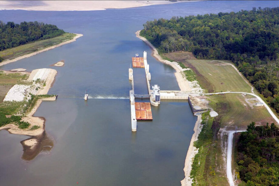 The Montgomery Point Lock and Dam at the confluence of the Mississippi and White rivers marks the entrance channel into the McClellan-Kerr Arkansas River Navigation System.