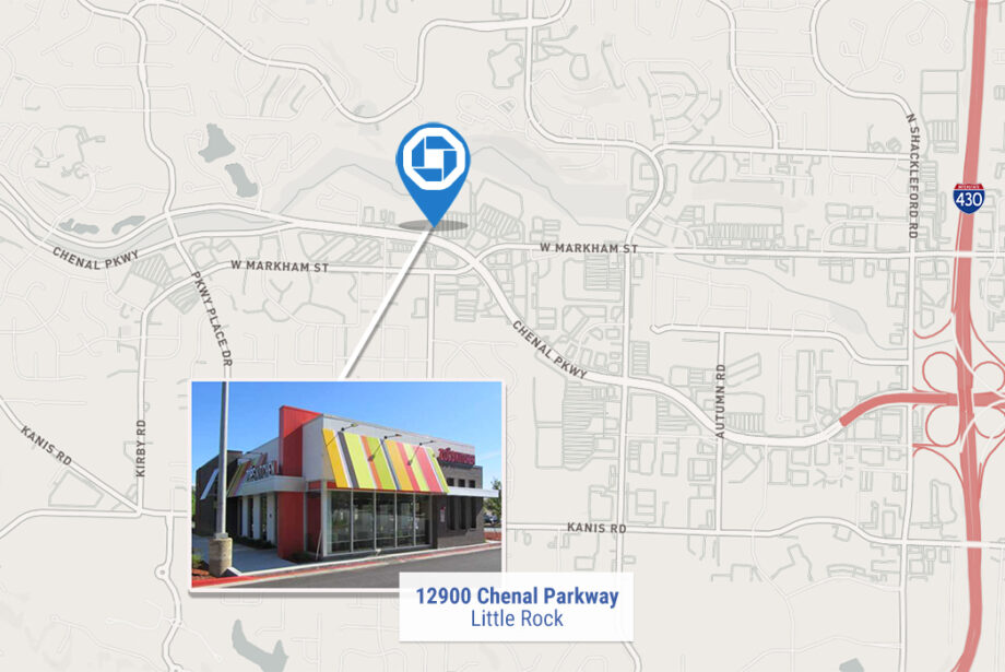 The first Chase bank branch in Arkansas is in the former location of Zo&euml;'s Kitchen in west Little Rock.