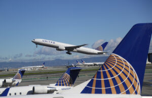 A United Airlines plane takes off at San Francisco International Airport.