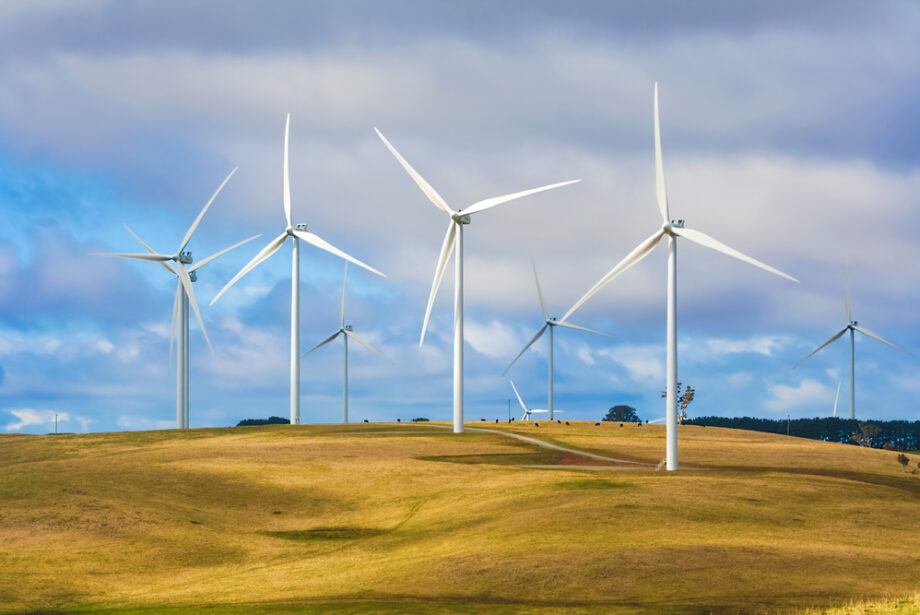 Group of wind turbines at a wind farm on a hill with cattle grazing beneath, creating renewable energy in Taralga NSW Australia.