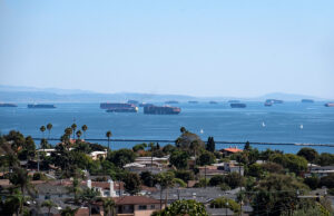 Dozens of container ships wait at sea last summer to unload at the Port of Los Angeles.