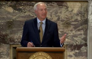 Arkansas Gov. Asa Hutchinson announces on Oct. 13, 2021 that he'll allow a new congressional map splitting Pulaski County into four districts to become law without his signature.&nbsp;