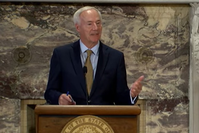 Arkansas Gov. Asa Hutchinson announces on Oct. 13, 2021 that he'll allow a new congressional map splitting Pulaski County into four districts to become law without his signature.&nbsp;