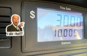 A sticker of President Joe Biden on a gas station in the Gravel Ridge area of Sherwood, Arkansas.