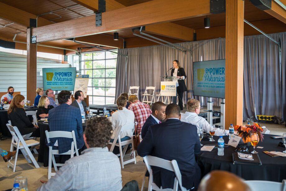 Heather Nelson, chair of the Arkansas Advanced Energy Association board, speaks at the trade group's annual meeting and policy conference in Little Rock in October 2021.