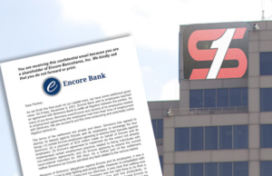 A photo illustration showing the letter that Encore Bank sent to shareholders informing them that it had settled a lawsuit with Simmons Bank. Simmons Tower in downtown Little Rock is in the background.&nbsp;